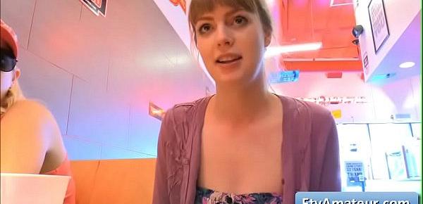  Young blonde teen amateur Alana shake her nice booty in a diner and finger herself deep and tender